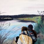 Acrylic on canvas by Emily Grundy, Year 11, Billanook College Student artwork of two people sitting by a river