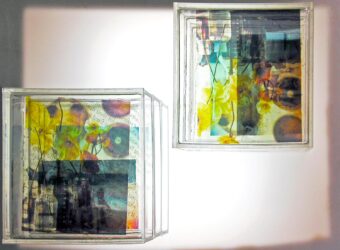 Photographic transparencies on perspex with lightbox by Marnie Derham, Year 12, Geelong Grammar School Student artwork of a collage under Perspex glass