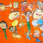 Acrylic on canvas, a group project by 3-year-old Kindergarten students, Oakleigh Grammar Student artwork of happy faces