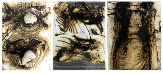 Bitumen paint, pastel and ink on paper by Lael McCoy, Year 12, St Leonard’s College Student abstract artwork