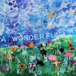 Acrylic and mixed media on board, a group project by Year 4 students from Huntingtower Student artwork of a field of flowers and birds