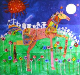 Digital print on canvas, a group project by Junior School students from Korowa Anglican Girls’ School Student artwork of a horse