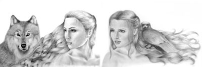 Greylead on paper by Vanessa Matijevic, Year 11, Casey Grammar School Student artwork of two portraits with animals