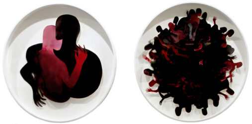 Gouache on cut paper by Isobelle McGrath, Year 12, Geelong Grammar School Student artwork of a paper cut-out people