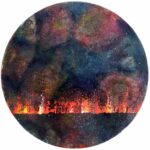 Student artwork of a triptych of circular abstract art