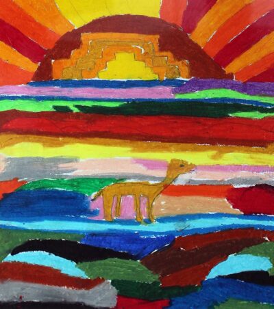Oil pastel on paper by Hined Mohamad, Year 7, Al-Taqwa College Student artwork of a camel at sunset