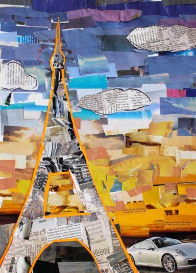 Collage on paper by Sarah El Kurdi, Year 9, Al-Taqwa College Student artwork of the Eiffel Tower with car