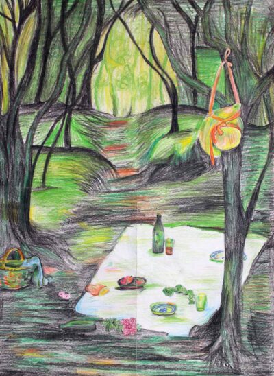 Coloured pencil on paper by Lejla Secic, Year 9, Al-Taqwa College Student artwork of a picnic