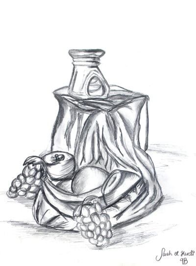 Greylead pencil on paper by Sarah El Kurdi, Year 9, Al-Taqwa College Student artwork of a still life with fruit