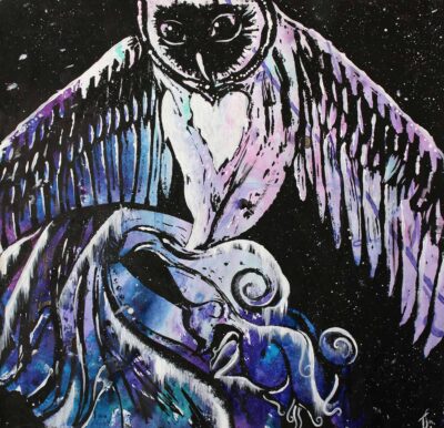 Print on paper by Tahlia Stanton, Year 10, Ballarat Clarendon College Student artwork of an owl