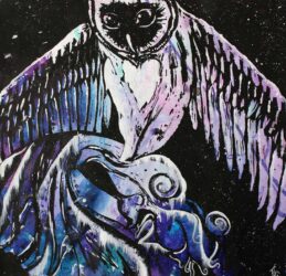 Print on paper by Tahlia Stanton, Year 10, Ballarat Clarendon College Student artwork of an owl