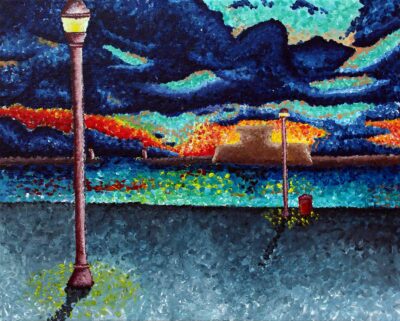 Acrylic on canvas by Minnie Allen, Year 10, Ballarat Clarendon College Student artwork of a urban scape