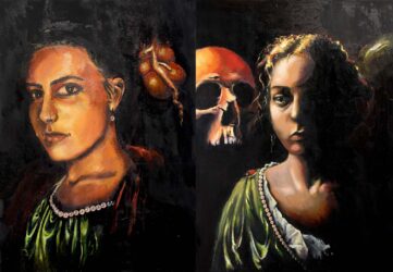 Oil on canvas by Claire Mercer, Year 12, Ballarat Clarendon College Student artwork of portraits with skulls