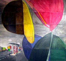 Acrylic on board, a group work by Year 9 students, Billanook College Student artwork of a petrol station