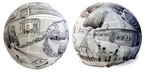 Papier mache and ink by Angela Socha, Year 12, Billanook College Student artwork of papier mache spheres
