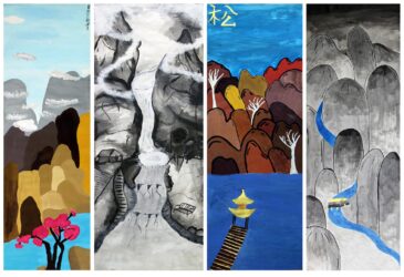Acrylic and gouache on paper by Liat Fichman, Emily Irons, Joshua Miller and Isabella Yusupoy, Year 7 students from Bialik College Student artwork of four Asian landscapes