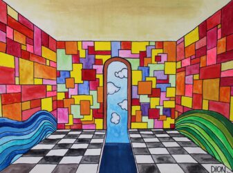 Mixed media on paper by Dion Fibishenko, Year 8, Bialik College Student artwork of a room with a doorway