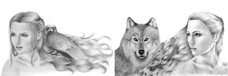 Greylead on paper by Vanessa Matijevic, Year 11, Casey Grammar School Student artwork of two portraits with animals