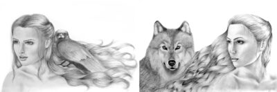 Greylead on paper by Vanessa Matijevic, Year 11, Casey Grammar School Student artwork of two portraits with animals