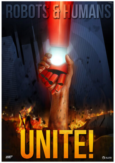 Digital image by Luq Zainal, Year 12, Casey Grammar School Student artwork of a poster with a human hand and a robot hand