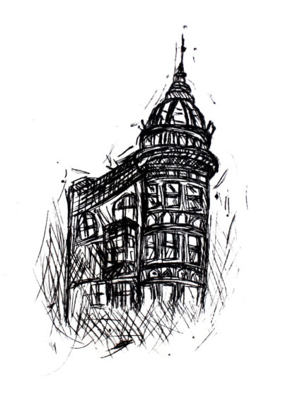Etching by Tiana Zimmermann, Year 10, Casey Grammar School Student artwork of a spire