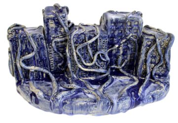 Glazed earthenware by Georgina Voss, Year 12, Geelong Grammar School Student artwork of a ceramic city overcome with vines
