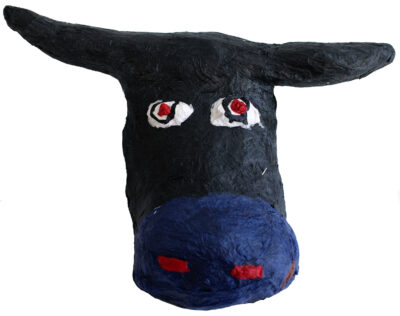 Student artwork of a papier mache bull