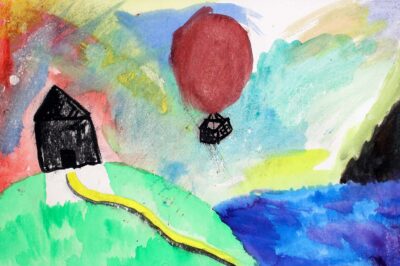 Student artwork of a house and air balloon