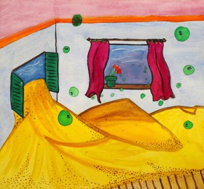 Student artwork of a sand-filled room