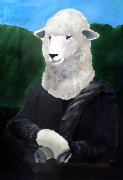 Acrylic on paper by Ricky Holland, Year 9, Highview College Student artwork of a sheep as Mona Lisa