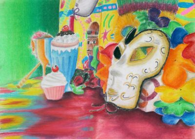 Pastel on paper by Elise Motalli, Year 11, Ivanhoe Grammar School
Student artwork of a carnivale still life Student artwork of a carnivale still life