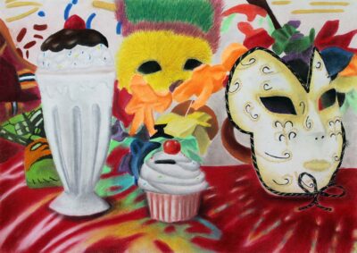 Pastel on paper by Milla Teodosijevic, Year 11, Ivanhoe Grammar School
Student artwork of a carnivale still life Student artwork of a carnivale still life