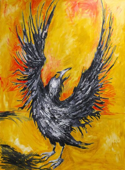 Oil on Canvas by Sherry Du, Year 12, Korowa Anglican Girls’ School Student artwork of a black bird with spread wings
