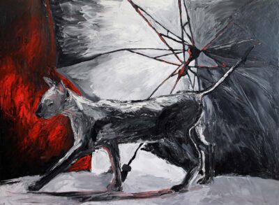 Oil on canvas by Sherry Du, Year 12, Korowa Anglican Girls’ School Student artwork of a cat with umbrella