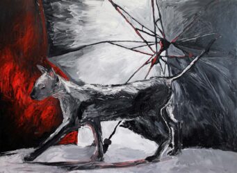 Oil on canvas by Sherry Du, Year 12, Korowa Anglican Girls’ School Student artwork of a cat with umbrella