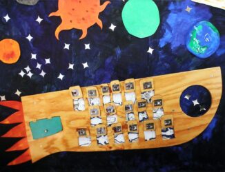 Acrylic on canvas, a group work by Junior School students, Korowa Anglican Girls’ School Student artwork of a rocket ship in space