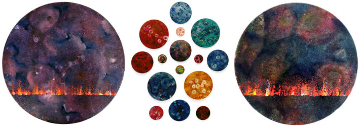 Oil and enamel paint on canvas and board by Aashritha Kumar, Year 12, Korowa Anglican Girls’ School Student artwork of a triptych of circular abstract art