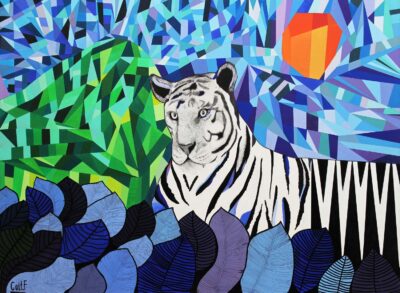 Gouache, acrylic and fineliner on canvas by Caitlin Foord, Year 11, Korowa Anglican Girls’ School Student artwork of a tiger