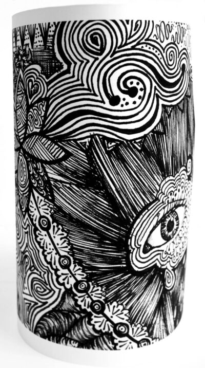Lino cut print on paper by Tanishka Brahmanand, Year 9, Korowa Anglican Girls’ School Student artwork of a zentangle cylinder