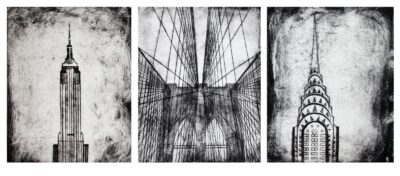 Etchings on paper by Neeve McEwen, Year 11, Preshil – The Margaret Lyttle Memorial College Student artwork of a city line drawings