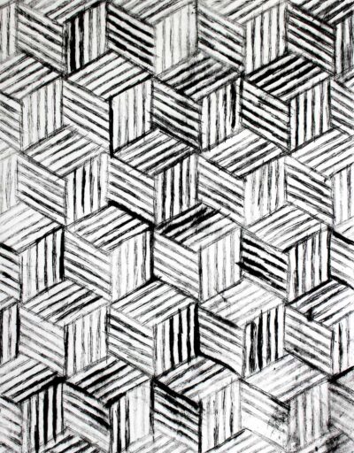 Monoprint by Alaister O’Donnell-Young, Year 10, Preshil – The Margaret Lyttle Memorial College Student artwork of a 3D drawn cubes