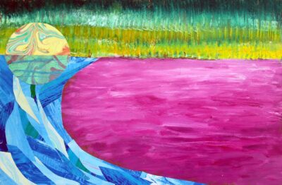 Marbled and silk screen paper collage by Mimi Holmes, Year 8, St Catherine’s School Student artwork of a pink lake