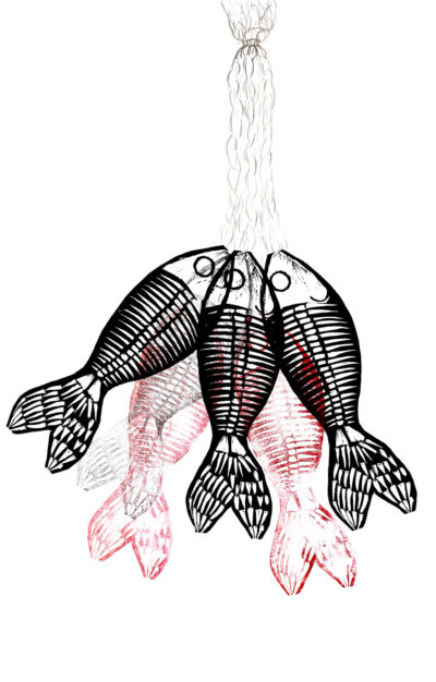 Lino block print and pencil by Harriette Dryden, Year 7, St Catherine’s School Student artwork of fish