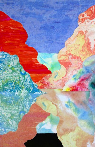Marbled and silk screen paper collage by Lily Arnoul, Year 8, St Catherine’s School Student artwork of an abstract landscape