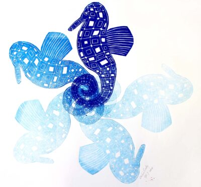 Lino block print by Celia Cody, Year 7, St Catherine’s School Student artwork of seahorses