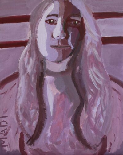 Acrylic on board by Madison Hunt, Year 7, St Catherine’s School Student artwork of a self portrait