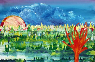 Marbled and silk screen paper collage by Isabel Gray, Year 8, St Catherine’s School Student artwork of a landscape