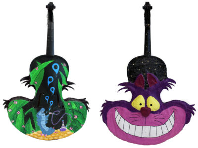 Modroc and acrylic paint on violin by Natalie King Smith, Year 9, The Knox School Student artwork of a Cheshire Cat violin