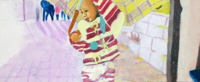 Oil on wood by Deepesh Khatri, Year 11, The Knox School Student artwork of a child holding an umbrella