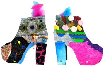 Mixed media on board by Rhiannon Clay, Year 7, The Knox School Student artwork of shoes